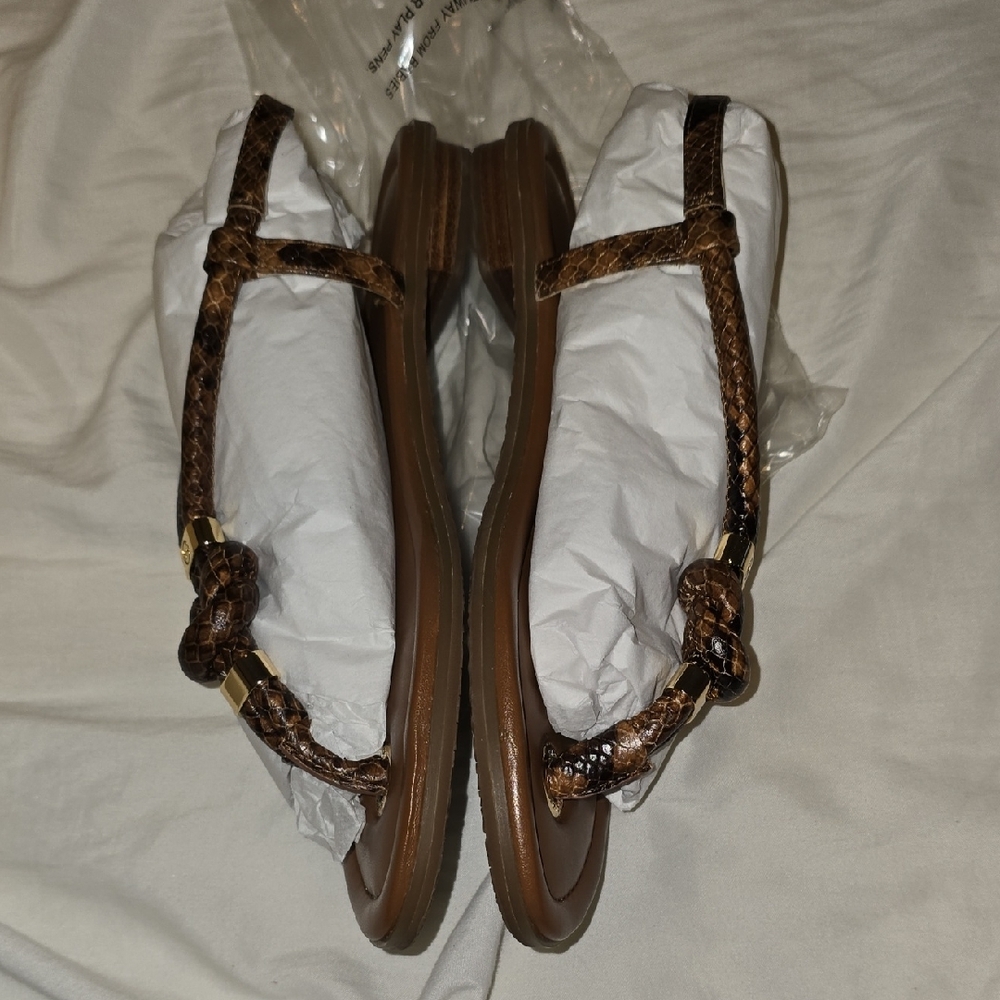 Michael Kors Brown Knotted Leather  Holly Sandals Embosded Logo 6.5 36.5 Womens - Picture 2 of 5
